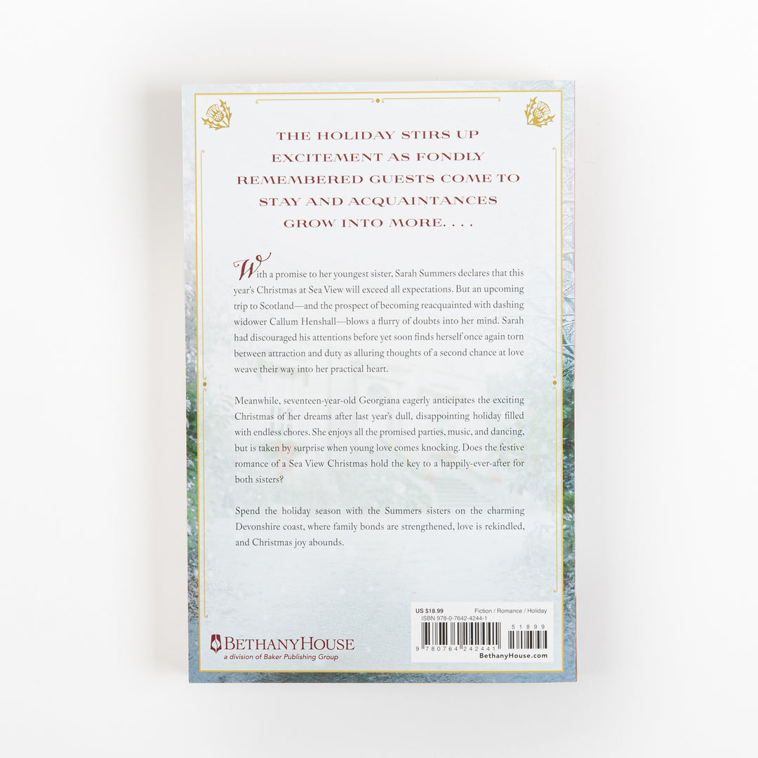 Back cover of "A Sea View Christmas" by Julie Klassen showing the book&