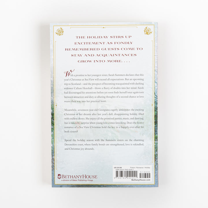 Back cover of "A Sea View Christmas" by Julie Klassen showing the book&