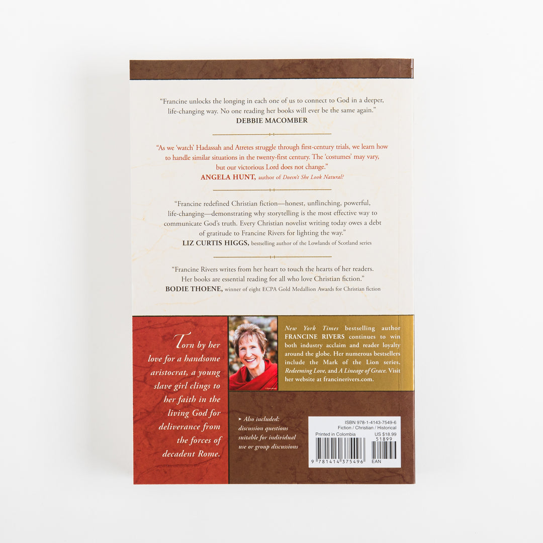 Back cover of A Voice in the Wind by Francine Rivers. The cream-colored top two-thirds carries four author endorsement quotes praising the novel, from Debbie Macomber, Angela Hunt, Liz Curtis Higgs, and Bodie Thoene, separated by thin gold dividers. The bottom section has a dark red panel with a short plot teaser about a young slave girl&