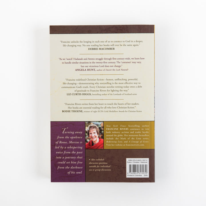 Back cover of An Echo in the Darkness by Francine Rivers. A cream panel holds four praise quotes from authors Debbie Macomber, Angela Hunt, Liz Curtis Higgs, and Bodie Thoene. Below, a purple and gold panel gives a short teaser about the character Marcus turning away from Rome&