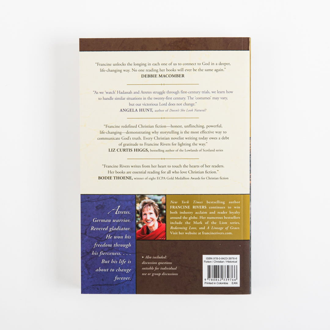 Back cover of As Sure as the Dawn. A cream section carries four review blurbs praising Francine Rivers from Debbie Macomber, Angela Hunt, Liz Curtis Higgs, and Bodie Thoene. Below, a blue panel reads &