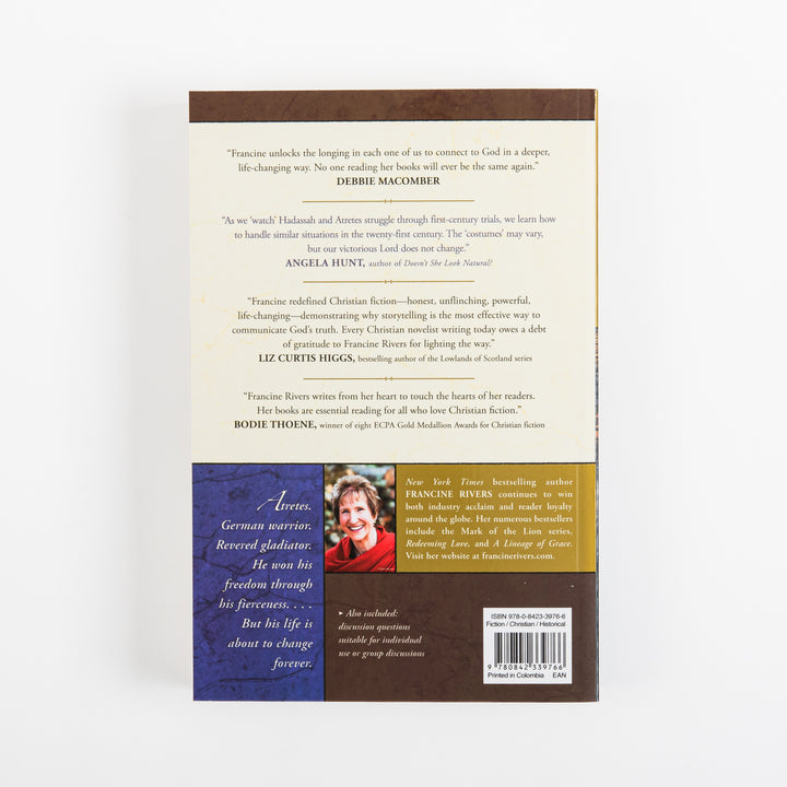 Back cover of As Sure as the Dawn. A cream section carries four review blurbs praising Francine Rivers from Debbie Macomber, Angela Hunt, Liz Curtis Higgs, and Bodie Thoene. Below, a blue panel reads &