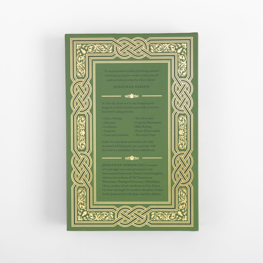 Back of the green slipcase, bordered in the same gold Celtic knotwork pattern as the front. It carries a pull quote from Jonathan Gibson, a decorative divider, a description of the 31-day liturgical guide with a two-column list of its daily elements (Call to Worship, Adoration, Confession, Assurance, Creed and Catechism, Gloria Patri, Prayer for Illumination, Bible Reading, Prayer of Intercession, Lord&
