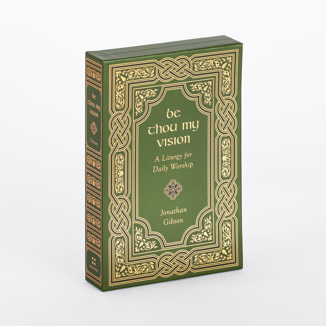 Green slipcase for Be Thou My Vision: A Liturgy for Daily Worship by Jonathan Gibson, shown at an angle. The cover and spine are decorated with a gold Celtic knotwork border, a gold Celtic cross medallion, and the title in gold lettering above the author's name; a small publisher logo sits at the base of the spine.