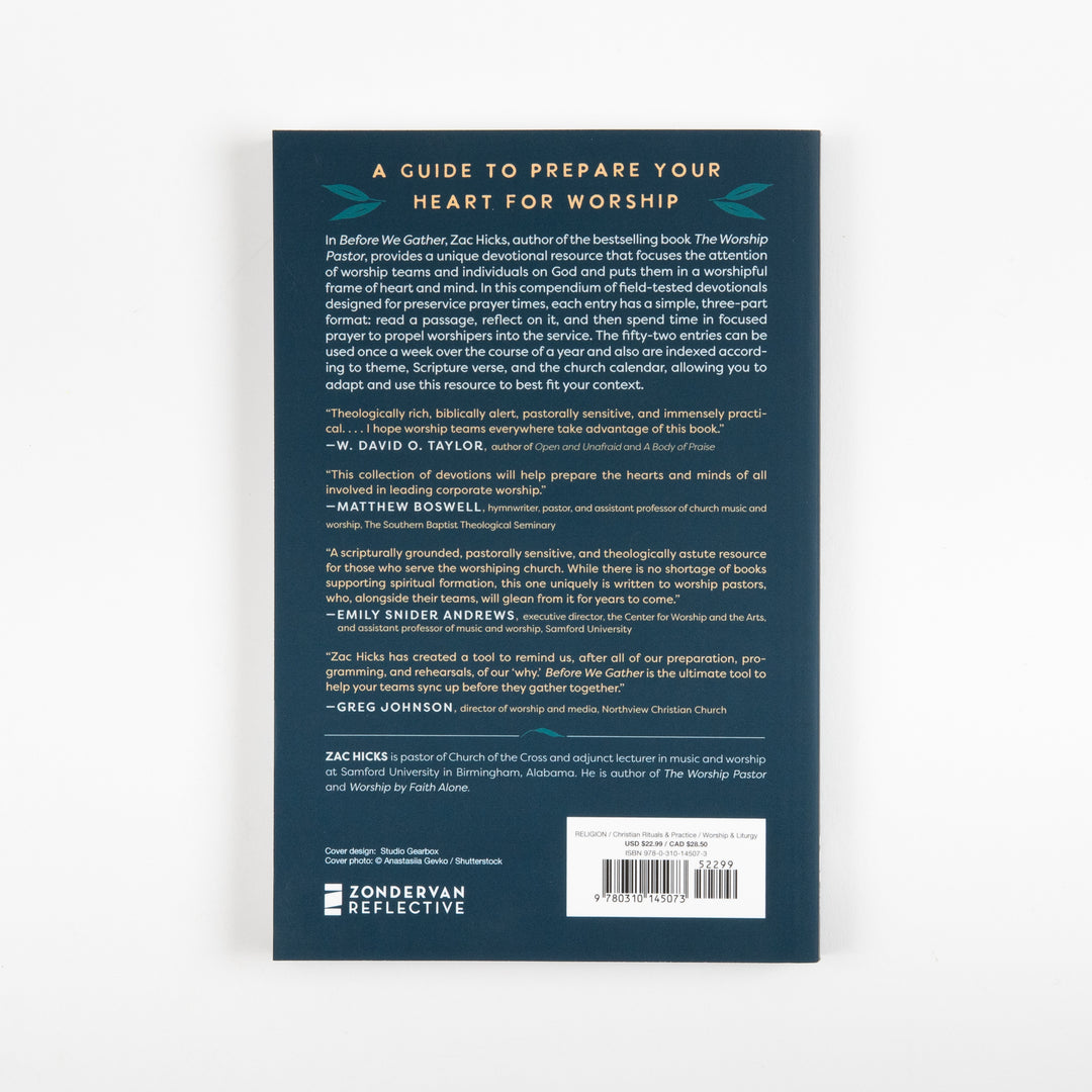 Back cover of Before We Gather with dark teal background, heading &