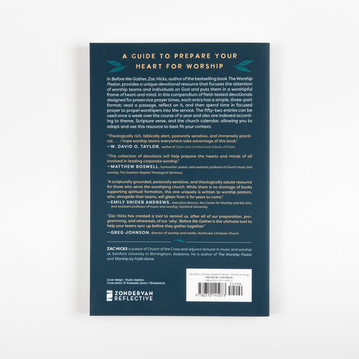 Back cover of Before We Gather with dark teal background, heading &