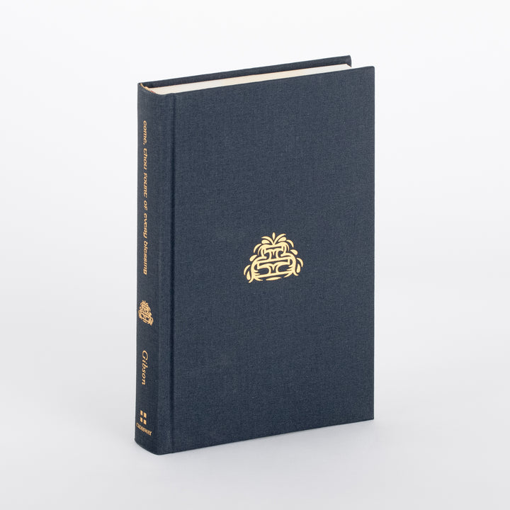 Angled shot of the hardcover book itself outside its slipcase: plain slate-blue cloth binding with a single small gold fountain emblem centered on the front cover, gold spine text reading &
