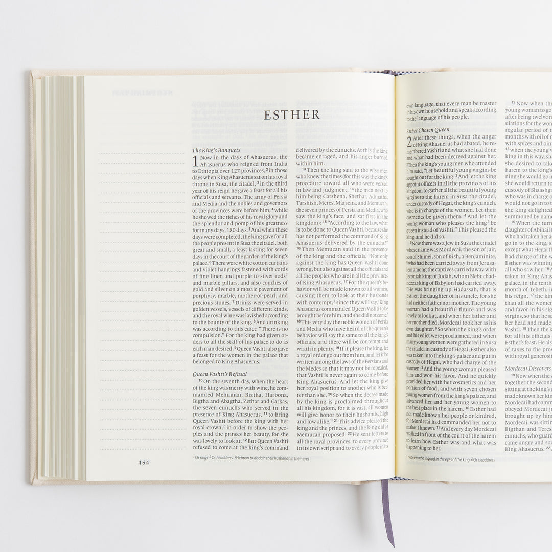 ESV Journaling Bible - Red Letter - Flowers – open spread showing Esther chapters 1–2 with lined journaling margins – interior pages