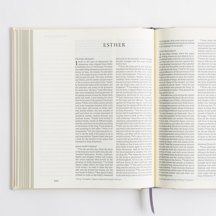 ESV Journaling Bible - Red Letter - Flowers – open spread showing Esther chapters 1–2 with lined journaling margins – interior pages
