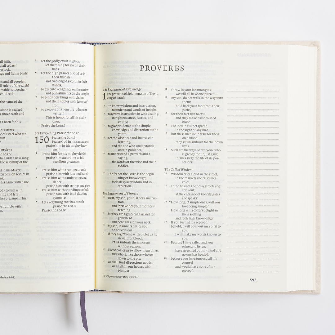 ESV Journaling Bible - Red Letter - Flowers – open spread showing Psalm 150 and Proverbs opening – interior pages