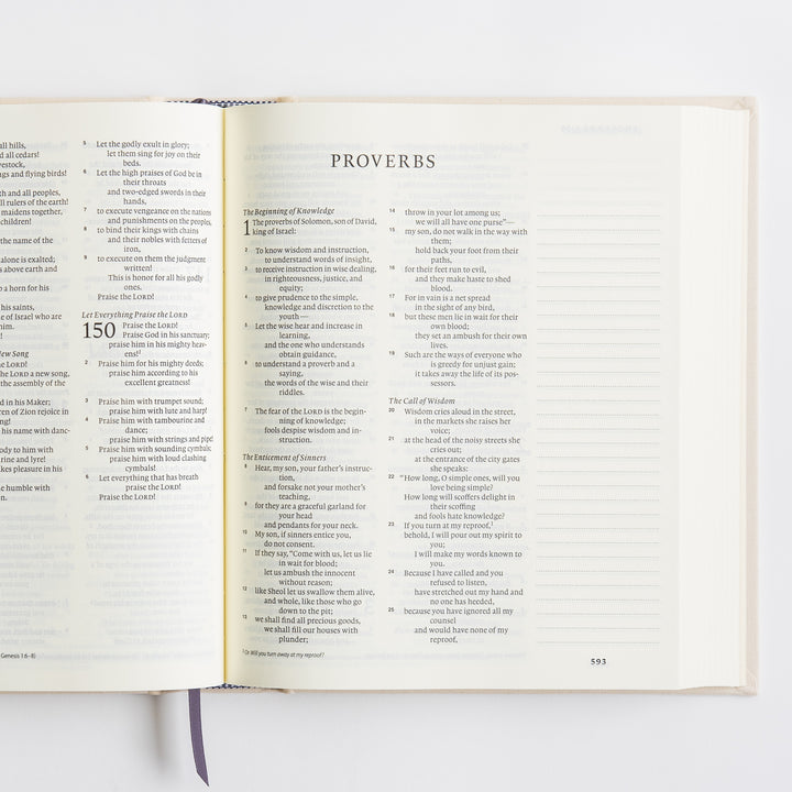 ESV Journaling Bible - Red Letter - Flowers – open spread showing Psalm 150 and Proverbs opening – interior pages