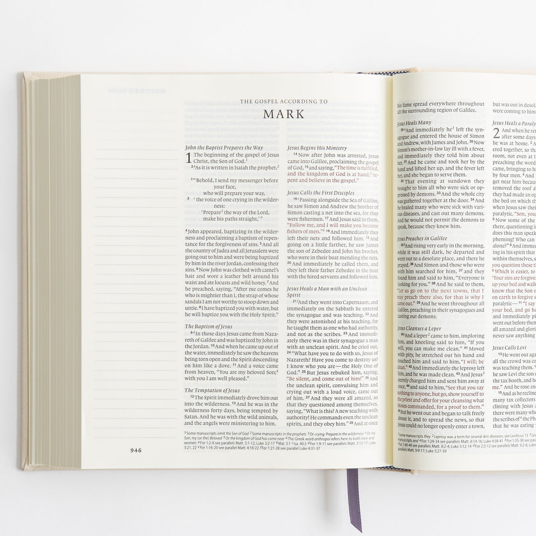 ESV Journaling Bible - Red Letter - Flowers – open spread showing Gospel of Mark opening with words of Christ in red – interior pages