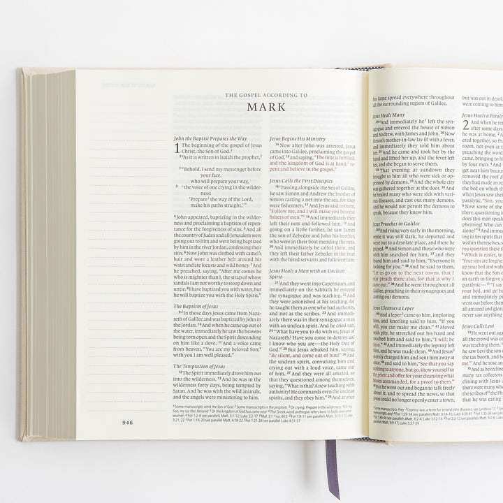 ESV Journaling Bible - Red Letter - Flowers – open spread showing Gospel of Mark opening with words of Christ in red – interior pages