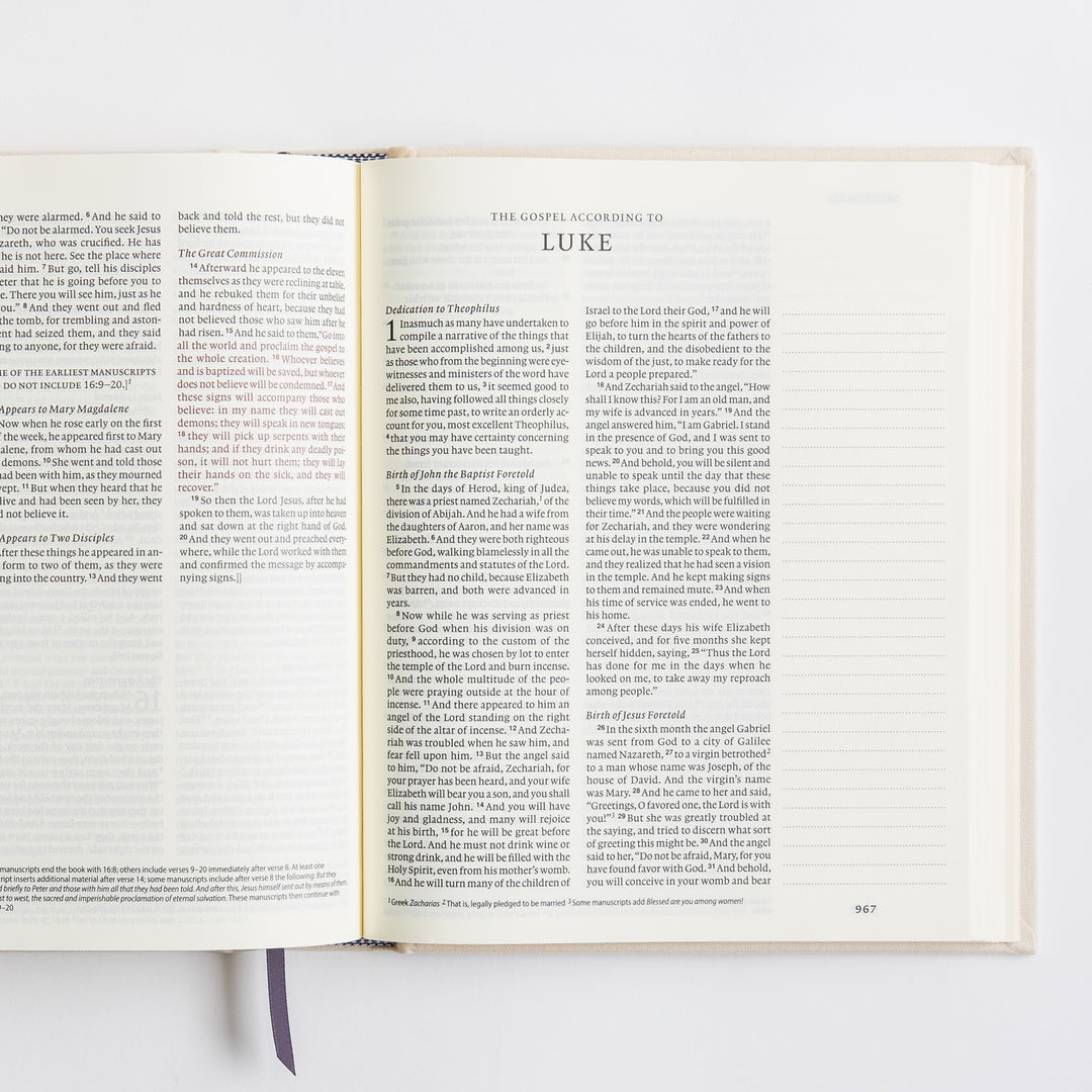 ESV Journaling Bible - Red Letter - Flowers – open spread showing Gospel of Luke opening – interior pages