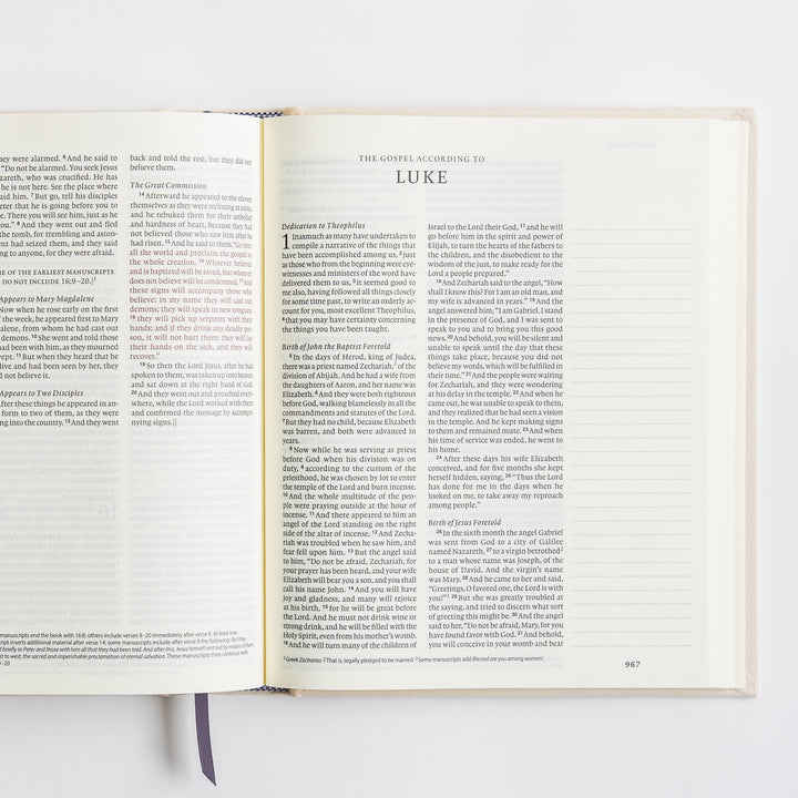 ESV Journaling Bible - Red Letter - Flowers – open spread showing Gospel of Luke opening – interior pages