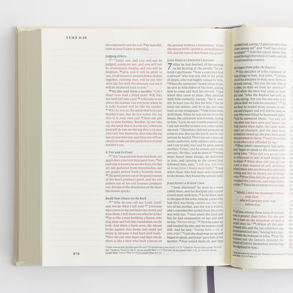 ESV Journaling Bible - Red Letter - Flowers – open spread showing Luke 6–7 with words of Christ in red – interior pages