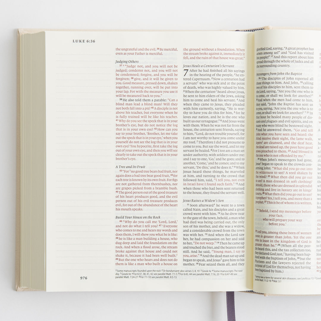 ESV Journaling Bible - Red Letter - Flowers – open spread showing Luke 6–7 with words of Christ in red – interior pages
