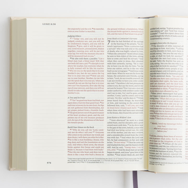 ESV Journaling Bible - Red Letter - Flowers – open spread showing Luke 6–7 with words of Christ in red – interior pages