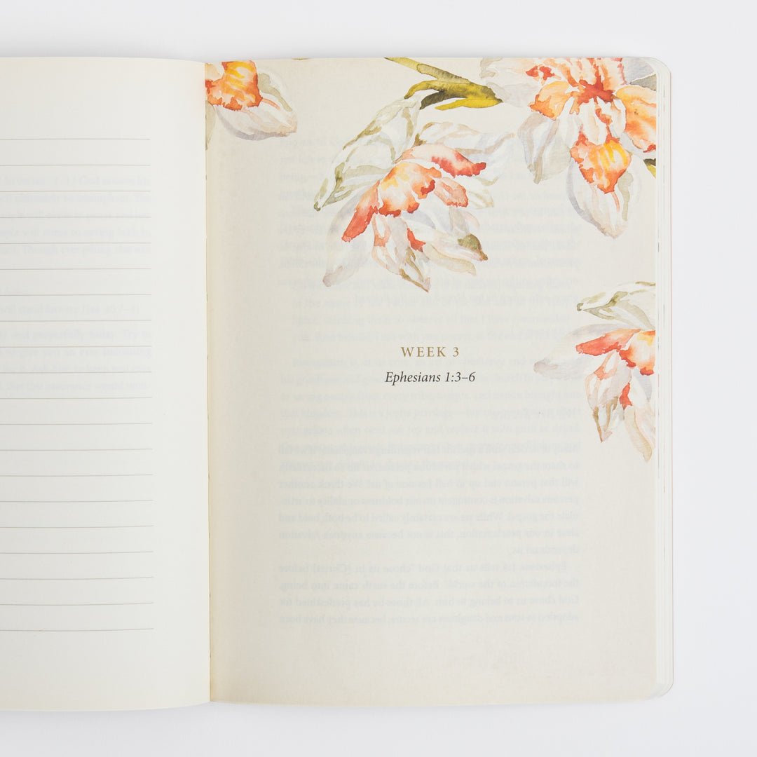 Open interior spread with a blank ruled journaling page on the left and a Week 3 section-divider page on the right featuring watercolor daffodil illustrations in the corners, the heading "WEEK 3," and the subtitle "Ephesians 1:3-6" over faintly visible scripture text.