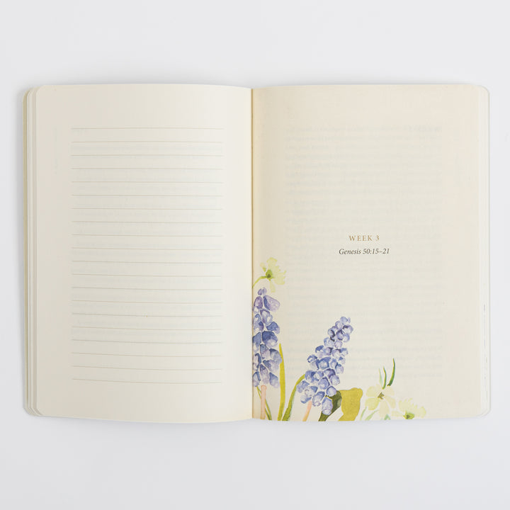 Open spread with a blank ruled journaling page on the left and a &