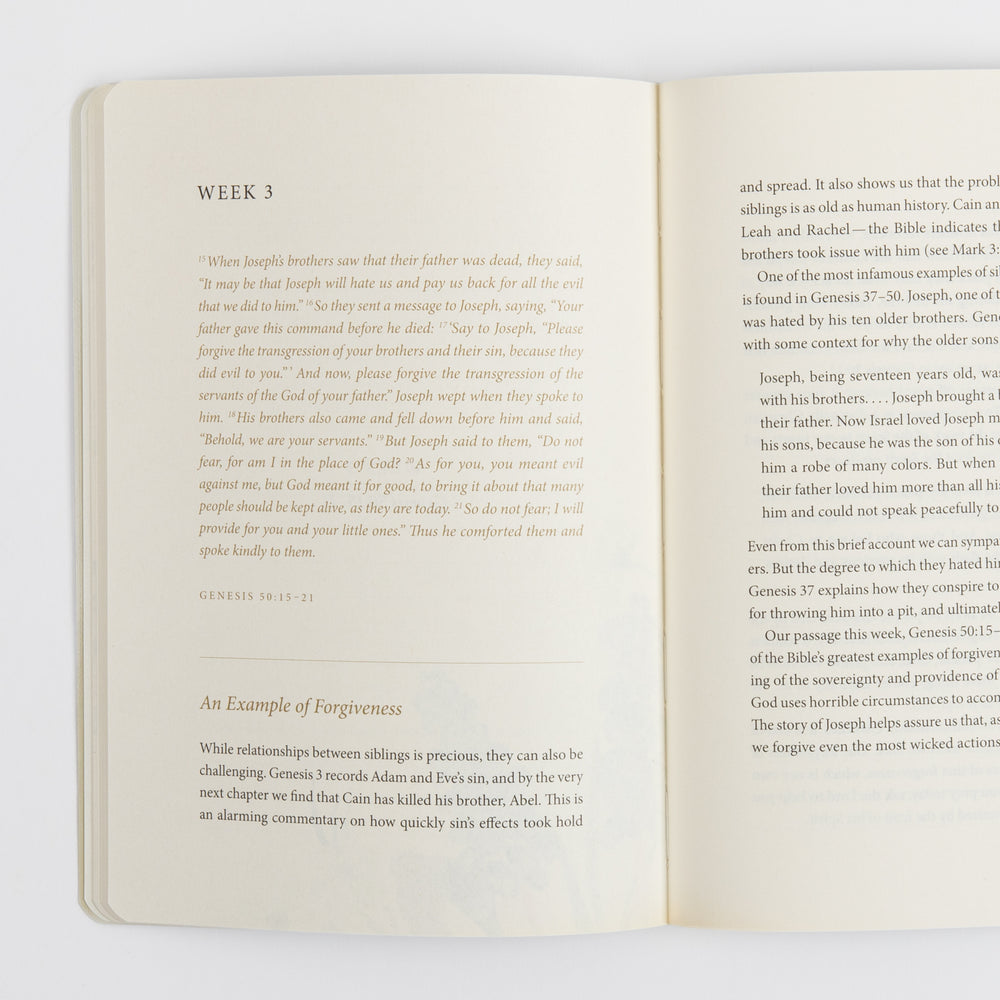 Open interior spread of the Forgiveness prayer journal showing the Week 3 heading with an italicized Genesis 50:15-21 passage about Joseph forgiving his brothers, followed by a devotional section titled 'An Example of Forgiveness' with commentary text continuing on the facing page.