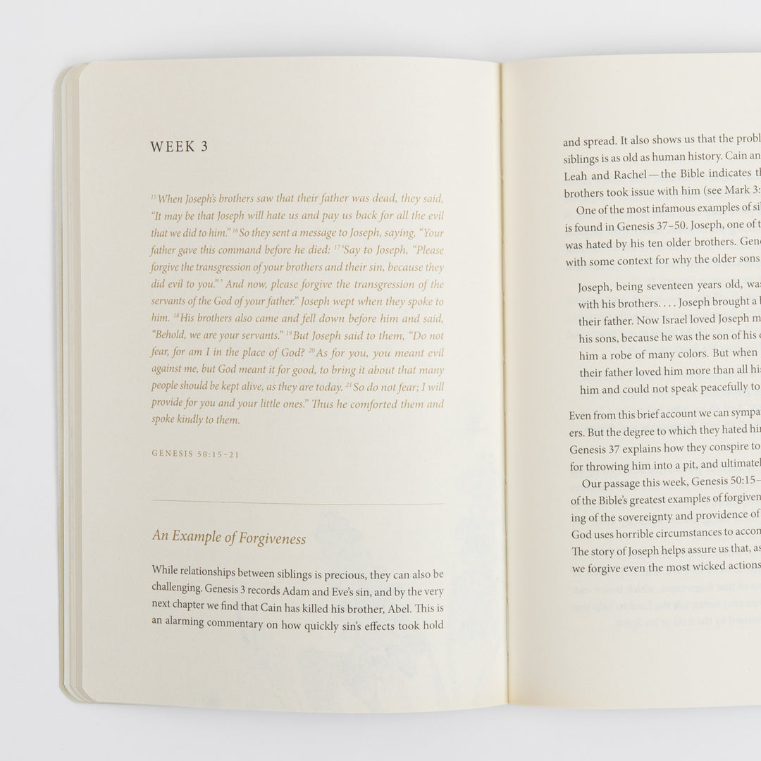 Open interior spread of the Forgiveness prayer journal showing the Week 3 heading with an italicized Genesis 50:15-21 passage about Joseph forgiving his brothers, followed by a devotional section titled &