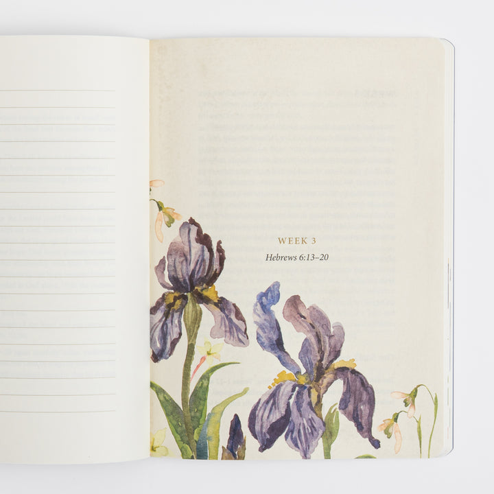 Open interior spread: the left page has blank cream ruled lines for journaling. The right page displays a &