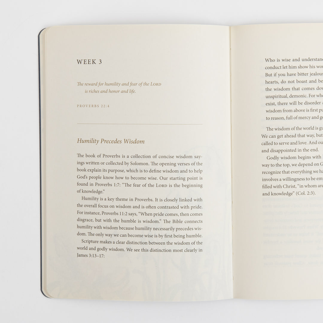 Open pages of the Humility scripture journal showing a &