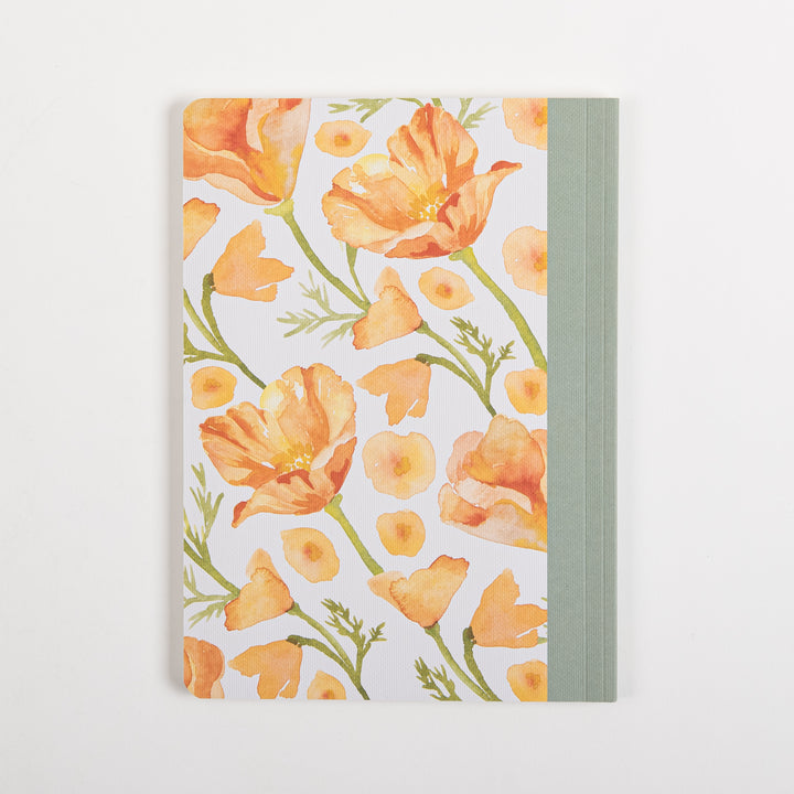 Back cover of the ESV Prayer Journal: 30 Days on Peace, showing the same watercolor orange poppy pattern as the front, with the sage-green cloth spine visible along the right edge and no text.