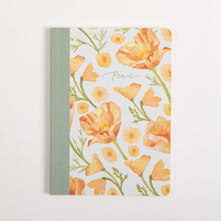 Front cover of the ESV Prayer Journal: 30 Days on Peace, featuring a sage-green cloth spine and a white softcover printed with a hand-painted watercolor pattern of orange California poppies and green stems, with &
