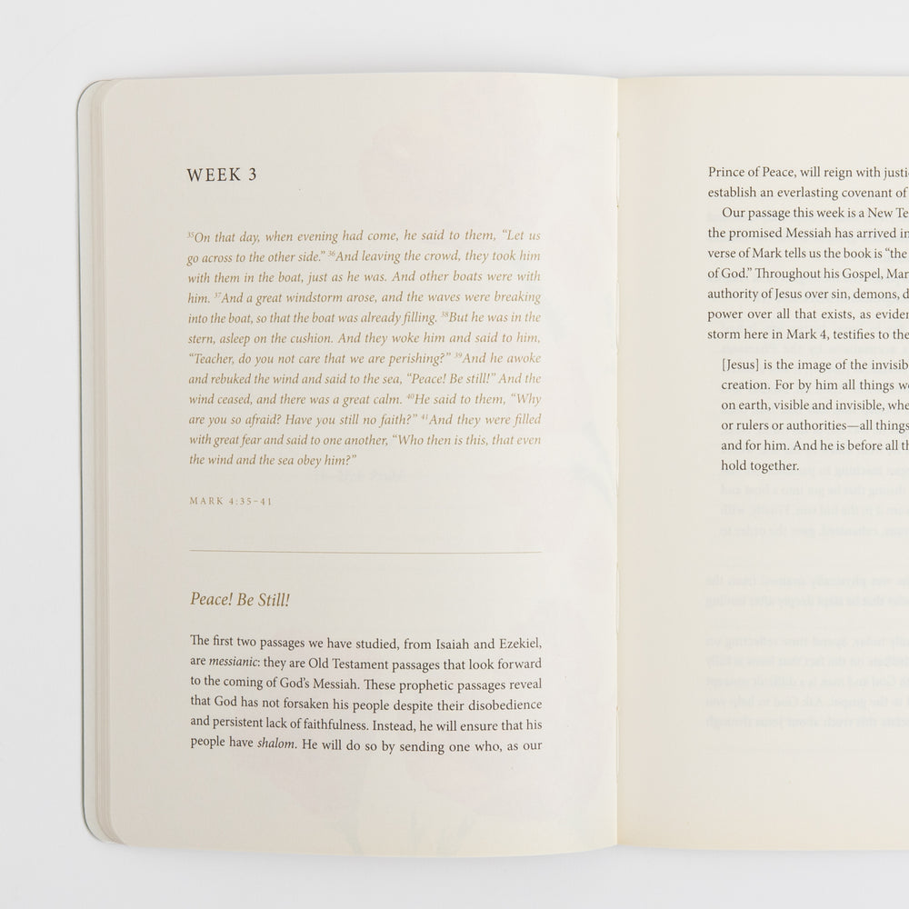 Two-page interior spread with the full printed text of Mark 4:35-41 in italic type under the 'Week 3' heading, followed by an orange-highlighted devotional heading 'Peace! Be Still!' and paragraphs of study text discussing Isaiah, Ezekiel, and God's promised shalom, continuing onto the facing page with commentary on Jesus as the 'Prince of Peace.'