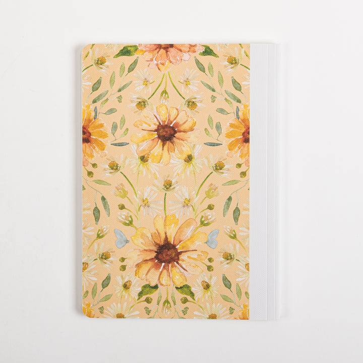 Back cover of the ESV Prayer Journal: 30 Days on Wisdom, showing the same peach watercolor pattern of yellow and orange daisies, white wildflowers, and green leaves as the front, with no text, and the white spine visible along the right edge.