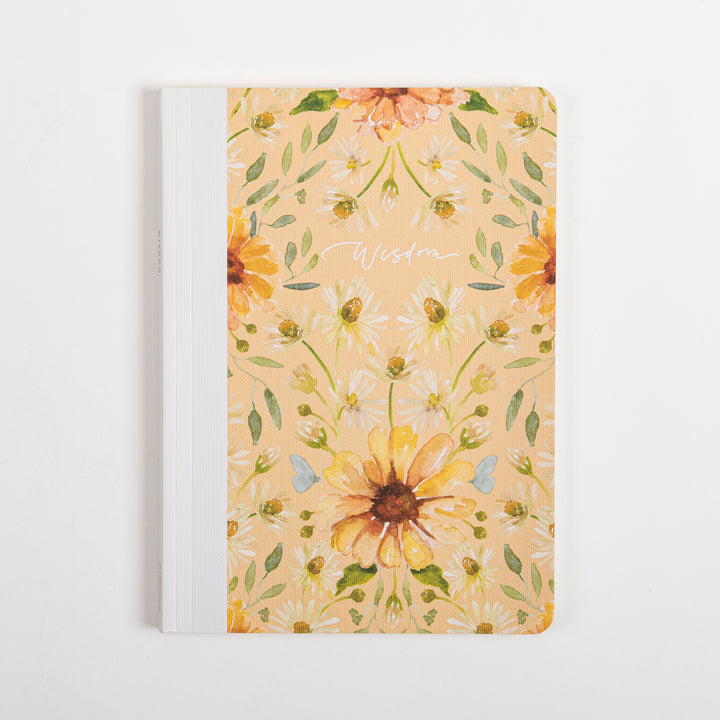 Front cover of the ESV Prayer Journal: 30 Days on Wisdom, showing a peach background with a watercolor pattern of yellow and orange daisies, white wildflowers, green leaves, and a small blue butterfly. The word &