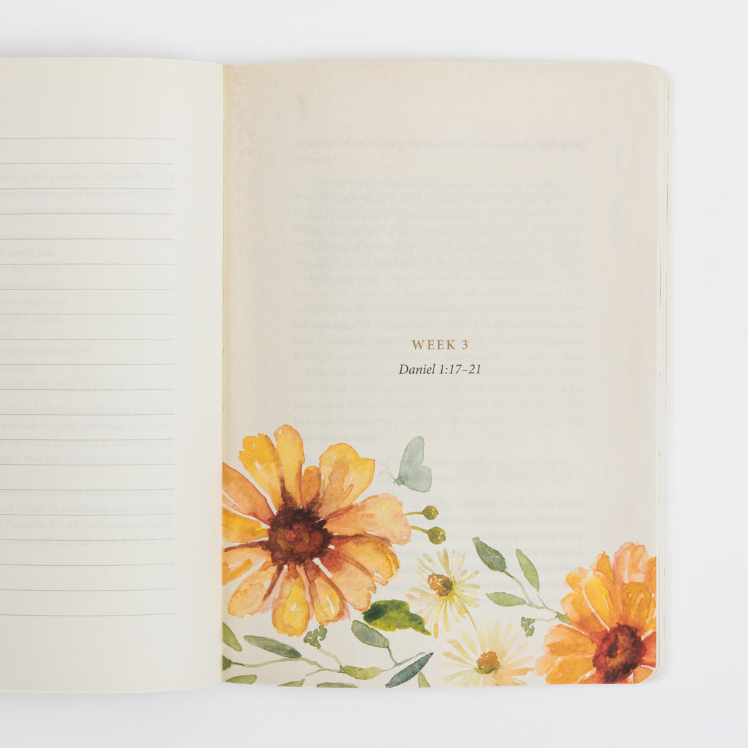 Open interior spread of the ESV Prayer Journal: 30 Days on Wisdom. The left page shows blank ruled lines for journaling. The right page is headed &