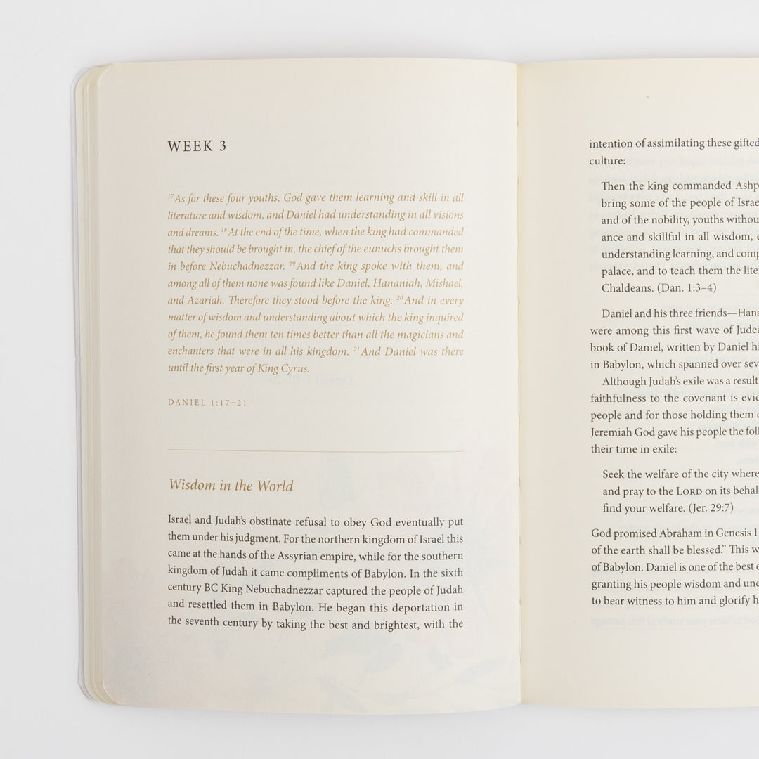 Open interior spread of the ESV Prayer Journal: 30 Days on Wisdom showing dense two-column devotional text. The left page is headed &
