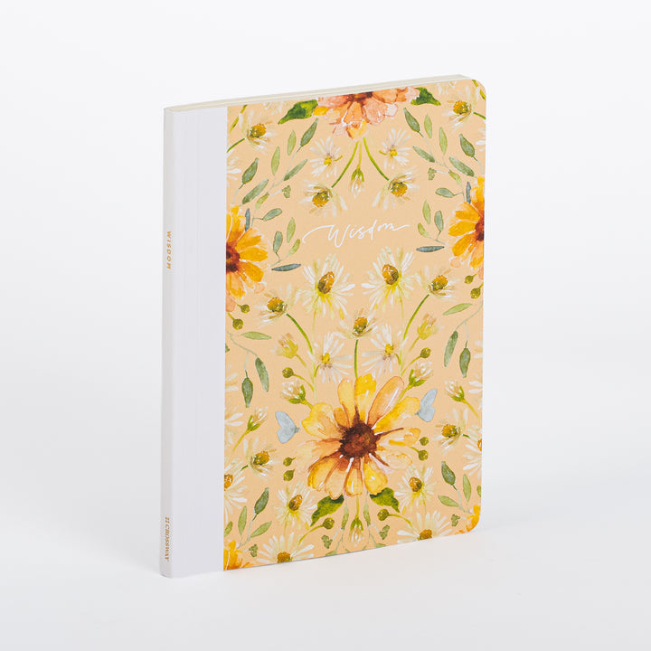 Three-quarter angled view of the ESV Prayer Journal: 30 Days on Wisdom standing upright, showing the white spine with &
