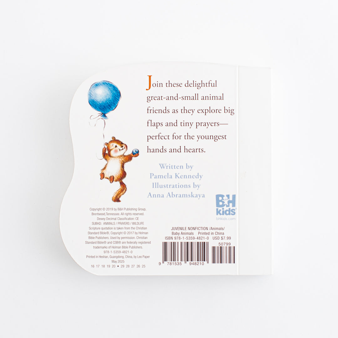 Great and Small Prayers for Babies – shaped die-cut white back cover with monkey holding blue balloon illustration and description text written by Pamela Kennedy with illustrations by Anna Abramskaya BH Kids ISBN 978-1-5359-4821-0 – back cover view