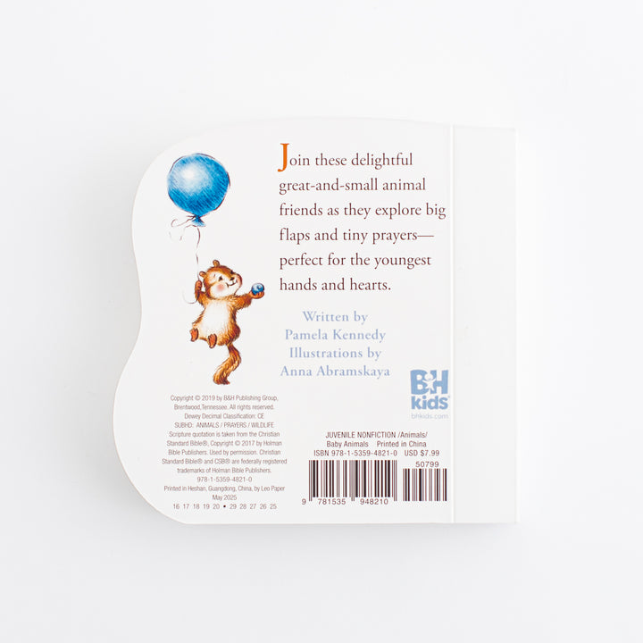 Great and Small Prayers for Babies – shaped die-cut white back cover with monkey holding blue balloon illustration and description text written by Pamela Kennedy with illustrations by Anna Abramskaya BH Kids ISBN 978-1-5359-4821-0 – back cover view