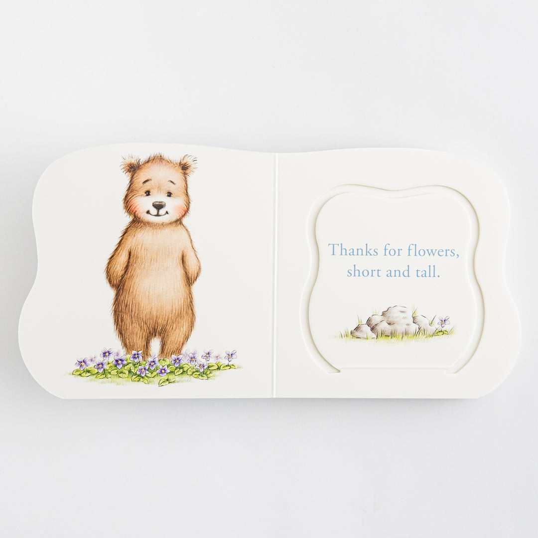 Great and Small Prayers for Babies – open shaped board book showing illustrated bear standing in purple violet flowers on left and die-cut prayer page reading Thanks for flowers short and tall with rock garden on right – interior prayer spread