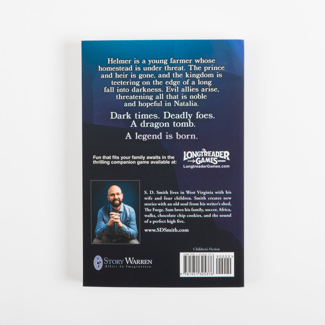 Back cover of Green Ember: Helmer in the Dragon Tomb showing the book synopsis, a Longtreader Games companion ad, author S.D. Smith&