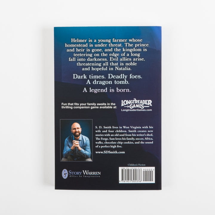 Back cover of Green Ember: Helmer in the Dragon Tomb showing the book synopsis, a Longtreader Games companion ad, author S.D. Smith&