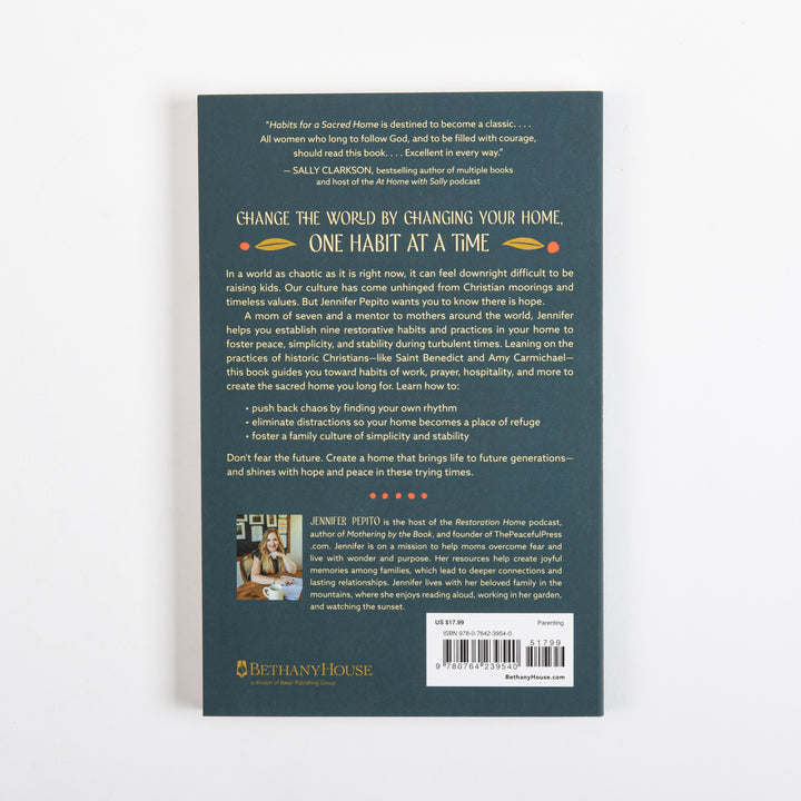 Back cover of Habits for a Sacred Home showing a Sally Clarkson endorsement, the headline &