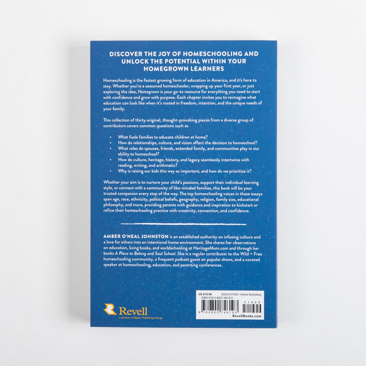 Back cover of Homegrown on a blue background, with white headline text &