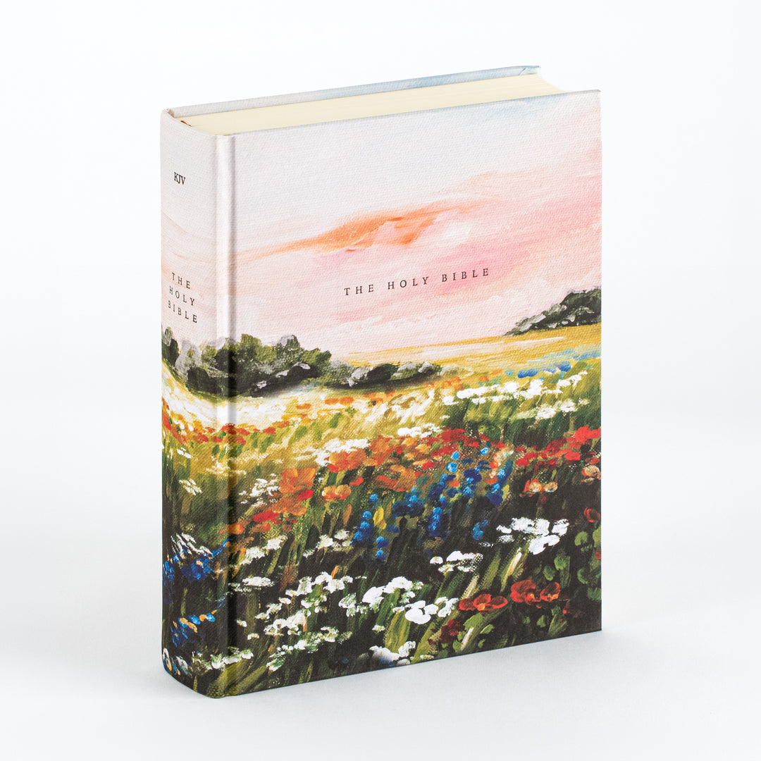 Cloth-over-board KJV Holy Bible standing at an angle, showing spine and front cover. The cover has a hand-painted wildflower meadow in an impressionistic style, with red poppies, white daisies, and blue blossoms in tall grass beneath a soft pink and orange sunset sky. 'THE HOLY BIBLE' appears in small serif capitals across the cover, with 'KJV' and 'THE HOLY BIBLE' printed vertically on the spine. Cream page edges show at the top.