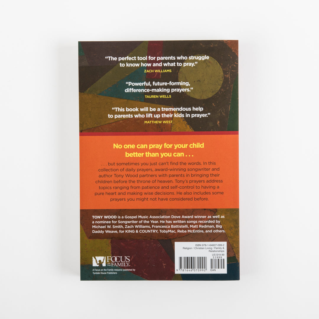 Back cover of Lord, Help Me Pray for My Kids, continuing the orange, teal, olive, and maroon geometric mosaic design. Three white endorsement quotes from musicians Zach Williams, Tauren Wells, and Matthew West praise the book at top. Below, an orange panel reads &