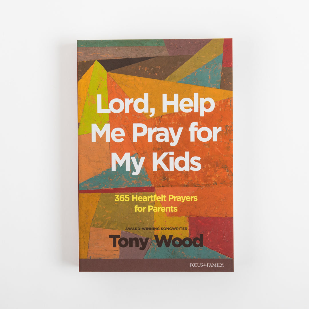 Front cover of Lord, Help Me Pray for My Kids: 365 Heartfelt Prayers for Parents by Tony Wood, shown flat against a light gray background. The cover features an abstract geometric mosaic of orange, yellow, teal, olive, maroon, and brown triangular shapes. The title appears in large white text, the subtitle &