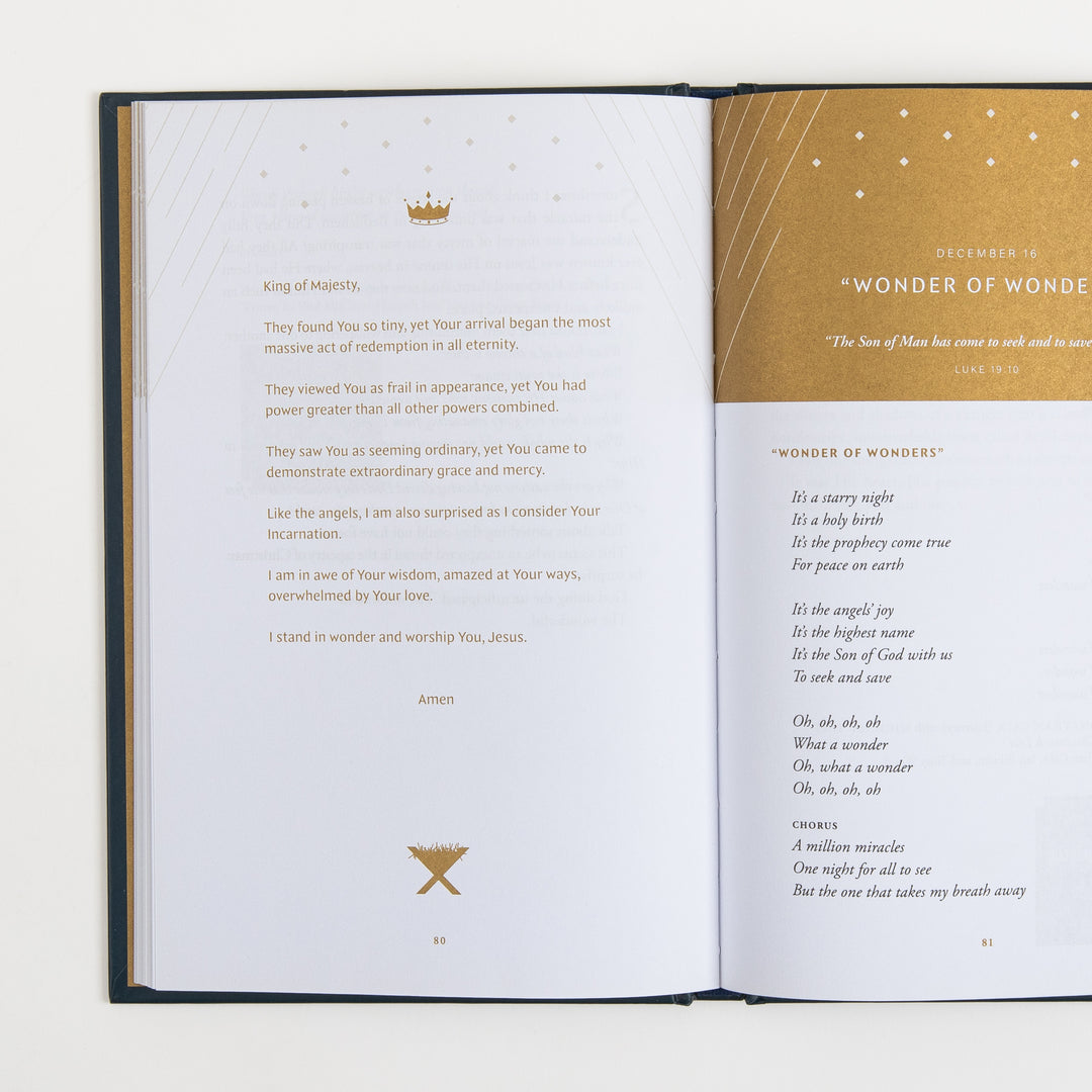 Open book spread, pages 80-81: left page holds a devotional prayer titled "King of Majesty"; right page has a gold-bordered section dated December 16 featuring the song "Wonder of Wonders" with its opening lyrics and a Luke 19:10 verse reference.