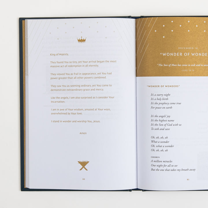 Open book spread, pages 80-81: left page holds a devotional prayer titled "King of Majesty"; right page has a gold-bordered section dated December 16 featuring the song "Wonder of Wonders" with its opening lyrics and a Luke 19:10 verse reference.
