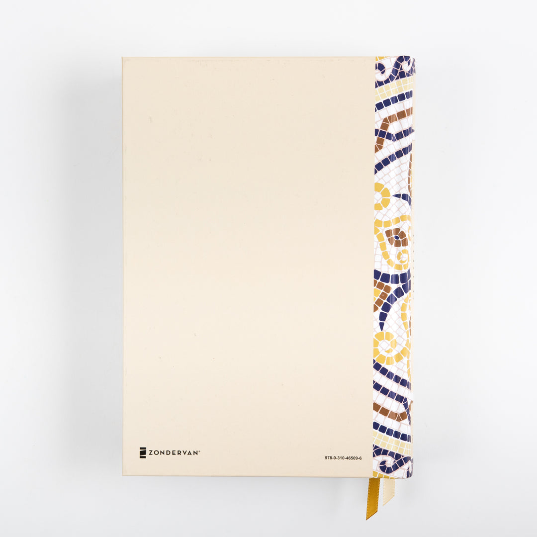 Back cover of the NIV Application Bible hardcover, plain cream with a mosaic-patterned spine and Zondervan logo