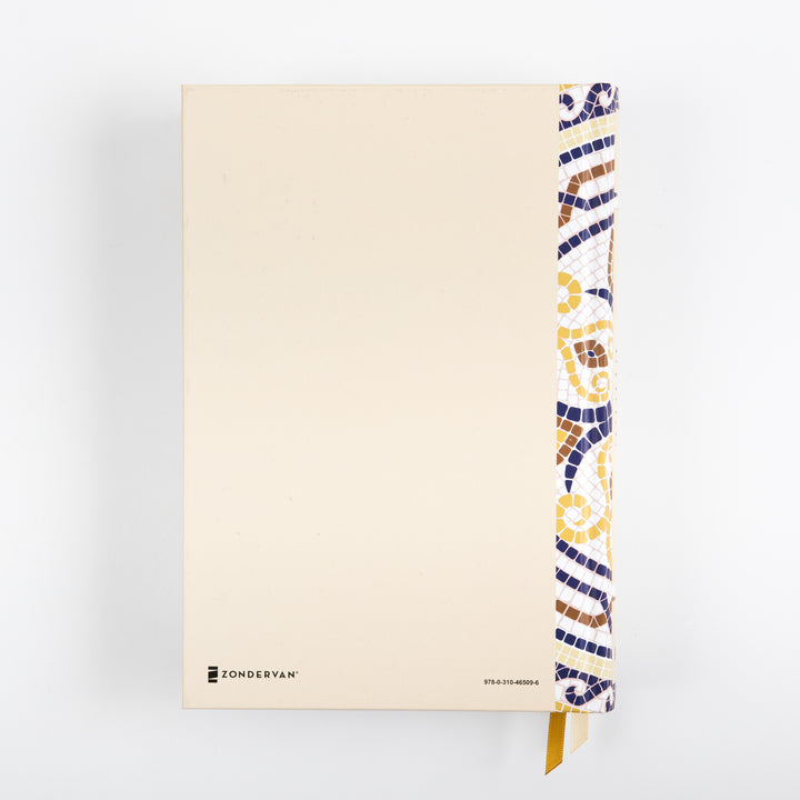 Back cover of the NIV Application Bible hardcover, plain cream with a mosaic-patterned spine and Zondervan logo